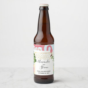 Rótulo Para Garrafa De Cerveja Casamento de Folhas Tropicais e Flamingo Rosa Na m
