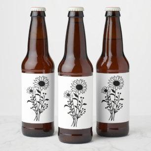 Rótulo Para Garrafa De Cerveja Casamento de girassol Flores selvagens russas Blac