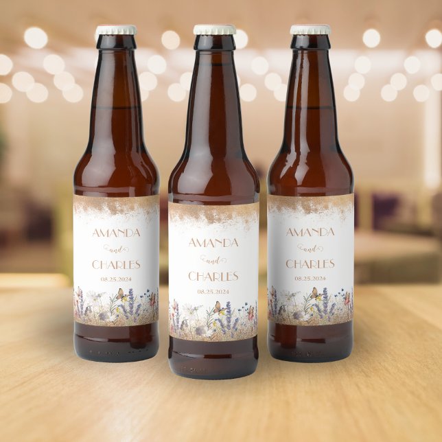 Rótulo Para Garrafa De Cerveja Casamento de Jardim de Borboleta Dourada rosa (Criador carregado)