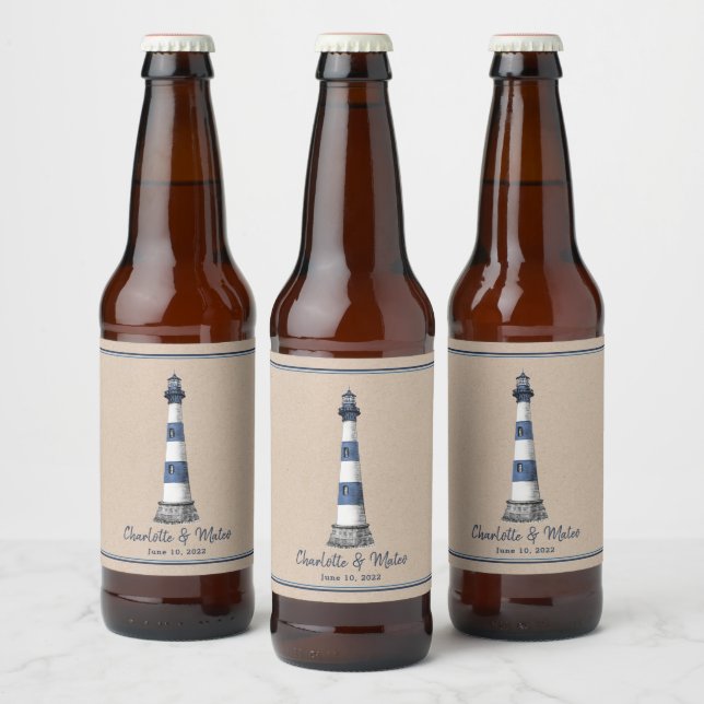 Rótulo Para Garrafa De Cerveja Casamento de Kraft, Borda de Farol Branco Azul (Garrafas)