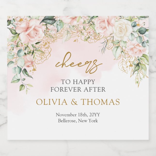 Rótulo Para Garrafa De Cerveja Casamento de ouro verde-rosa com borrão elegante (Rótulo Único)