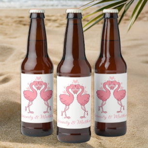 Rótulo Para Garrafa De Cerveja Casamento de Praia de Flamingos Rosa Tropical