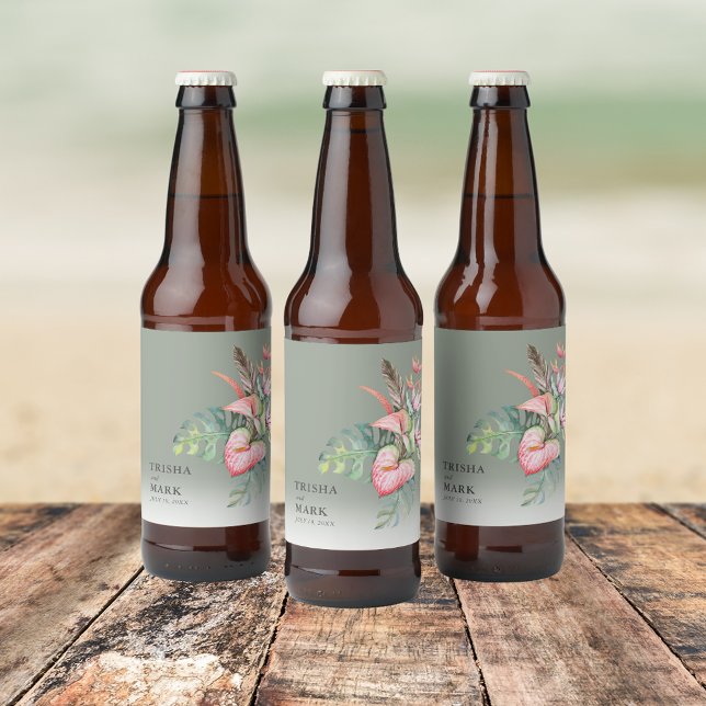 Rótulo Para Garrafa De Cerveja Casamento de praia de flores tropicais (Tropical Flower Beach Wedding Beer Bottle Label)