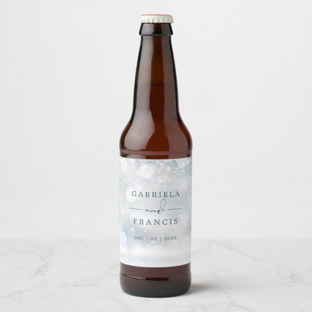 Rótulo Para Garrafa De Cerveja Casamento de Wonderland de inverno com flocos de n (Frente)