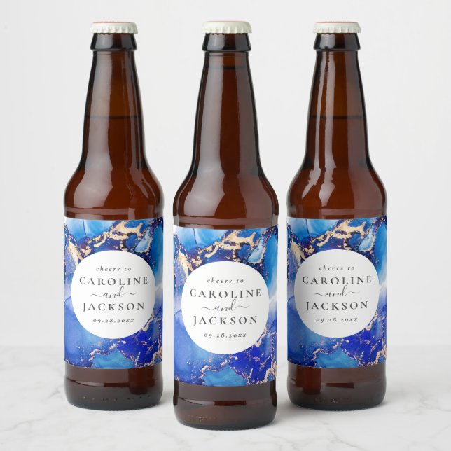 Rótulo Para Garrafa De Cerveja Casamento Dourado Azul Moderno com Aquarela (Garrafas)