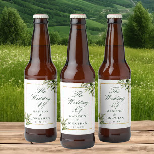 Rótulo Para Garrafa De Cerveja Casamento Dourado Botânico Elegante Verde