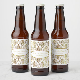Rótulo Para Garrafa De Cerveja Casamento Dourado de Script Branco Damask Elegante