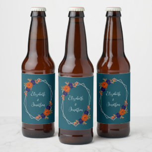 Rótulo Para Garrafa De Cerveja Casamento Floral Azul de Marinho Laranja de Outono