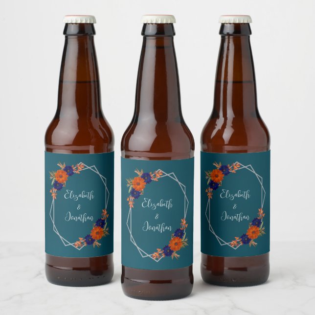 Rótulo Para Garrafa De Cerveja Casamento Floral Azul de Marinho Laranja de Outono (Garrafas)