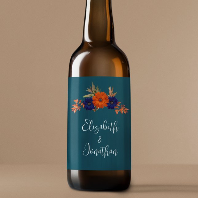 Rótulo Para Garrafa De Cerveja Casamento Floral Azul de Marinho Laranja de Outono (Criador carregado)
