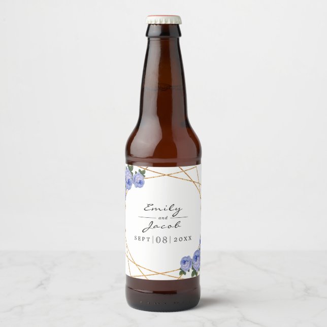 Rótulo Para Garrafa De Cerveja Casamento Floral Azul Geométrico Dourado Elegante (Frente)