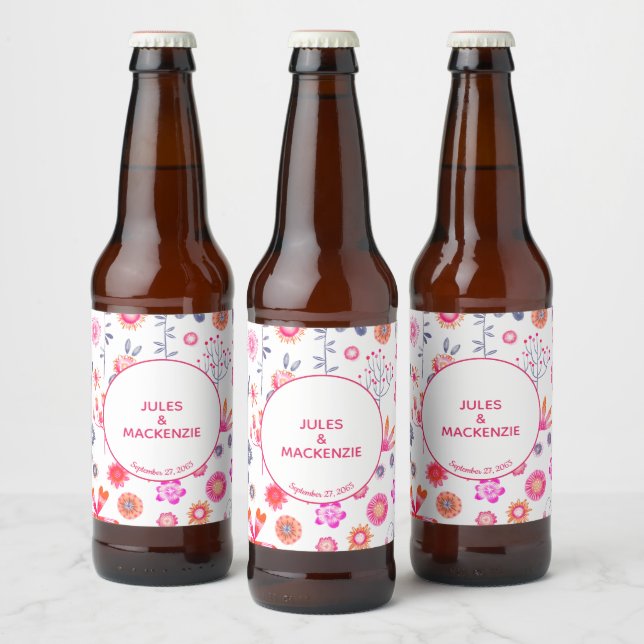 Rótulo Para Garrafa De Cerveja Casamento Floral Rosa (Garrafas)
