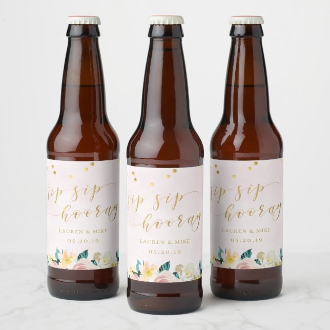 Rótulo Para Garrafa De Cerveja Casamento Floral Rosa Rústico Sip Sip Hurray (Garrafas)
