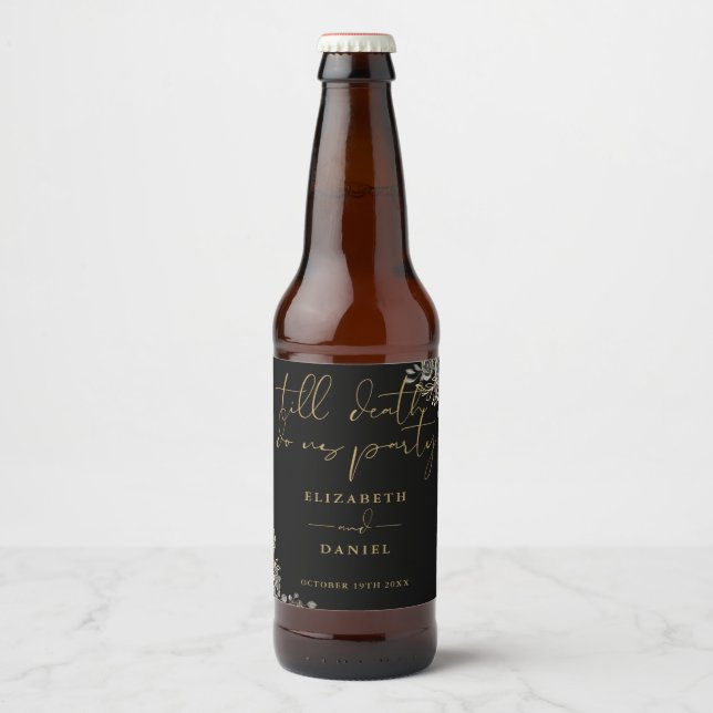 Rótulo Para Garrafa De Cerveja Casamento Gótico Floral De Rosas Pretos E Dourados (Frente)