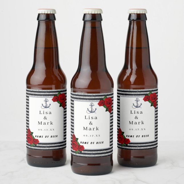 Rótulo Para Garrafa De Cerveja Casamento Náutico de Stripes Negras de Anchor (Garrafas)