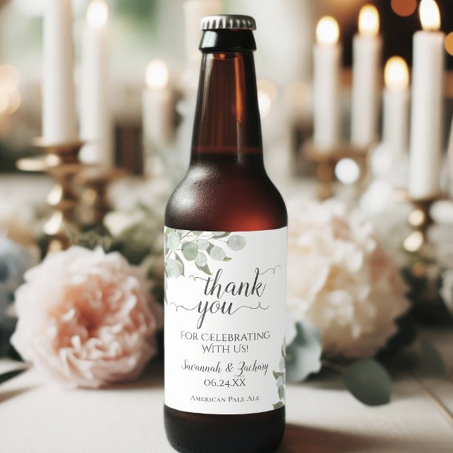 Rótulo Para Garrafa De Cerveja Casamento Rustic Boho Chic Eucalyptus Obrigado (Criador carregado)