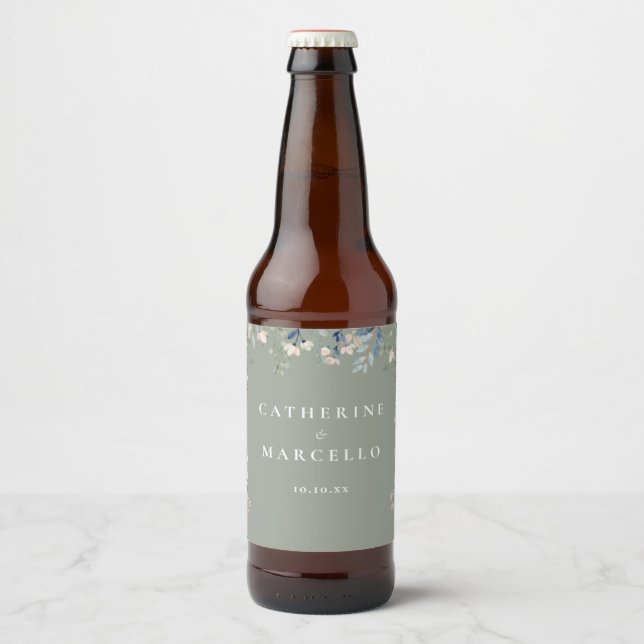 Rótulo Para Garrafa De Cerveja Casamento Verde da Sage em Cascata Floral (Frente)