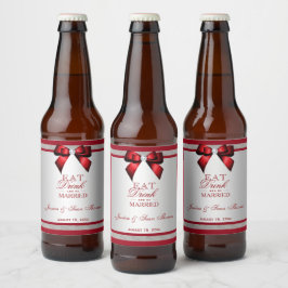 Rótulo Para Garrafa De Cerveja Casamento Vermelho Rubi e Prata Elegante com Brilh