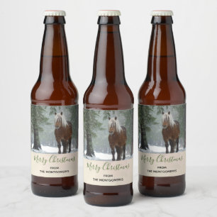 Rótulo Para Garrafa De Cerveja Cavalo castanho cênico no Natal de uma Floresta d