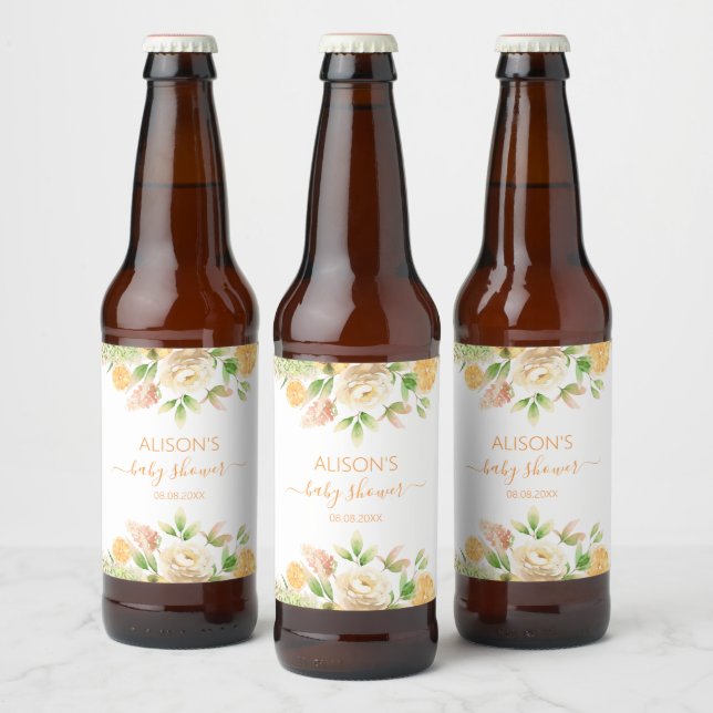 Rótulo Para Garrafa De Cerveja Chá de fraldas de Rosa Amarelo Verde Floral (Garrafas)