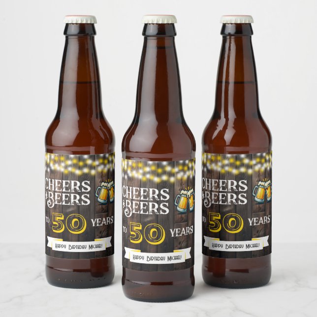 Rótulo Para Garrafa De Cerveja Cheers and Beers to 50 Years Rustic Birthday (Garrafas)