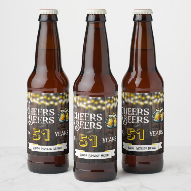 Rótulo Para Garrafa De Cerveja Cheers and Beers to 51 Years Rustic Birthday (Garrafas)