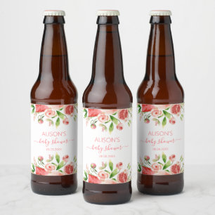 Rótulo Para Garrafa De Cerveja Chuva de Bebê Menina com Greenery e Rosa Floral