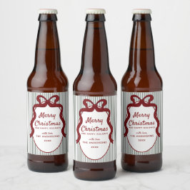 Rótulo Para Garrafa De Cerveja Classic Dark Green Stripes & Red Bow Christmas 
