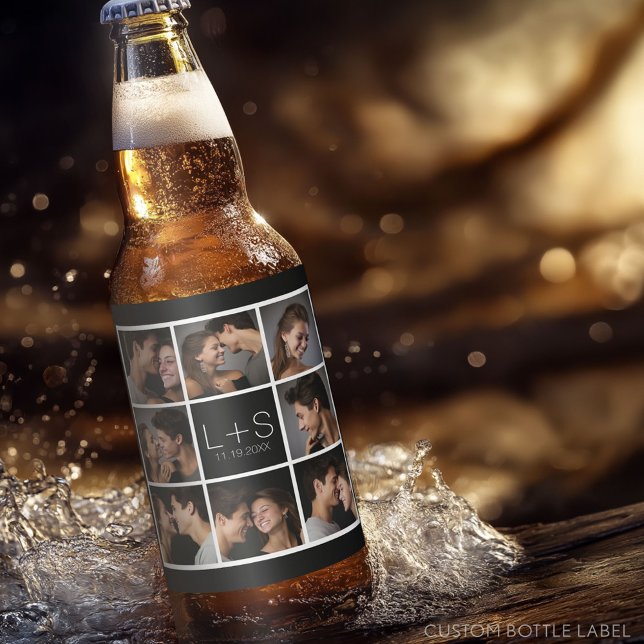Rótulo Para Garrafa De Cerveja Crie seu próprio Monograma de Colagem de Fotos de  (Custom Party Beer Label - Wedding Anniversary)