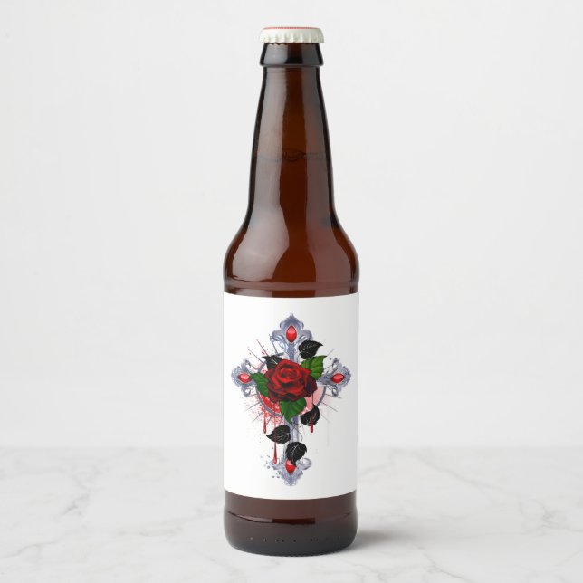 Rótulo Para Garrafa De Cerveja Cruz de Prata com Rosa vermelha (Frente)