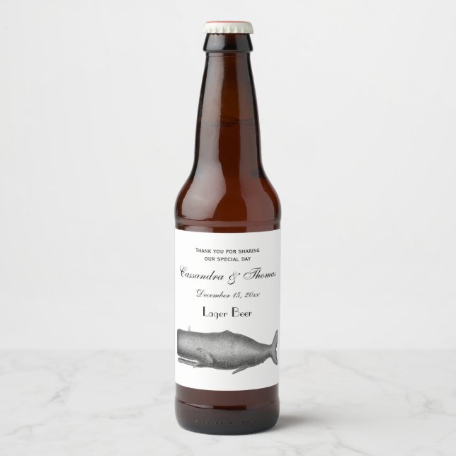 Rótulo Para Garrafa De Cerveja Desenho de Baleia do Século XIX Antigo (Frente)