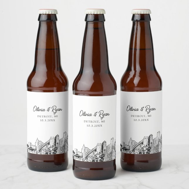 Rótulo Para Garrafa De Cerveja Detroit Skyline Personalizado  (Garrafas)