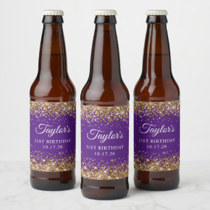 Rótulo Para Garrafa De Cerveja Dourada Glitter Royal Purple aniversário de 21 ano