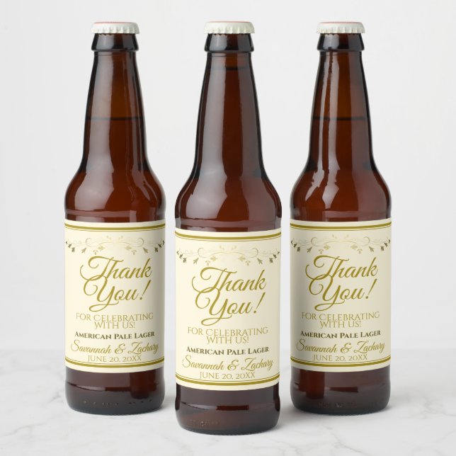 Rótulo Para Garrafa De Cerveja Dourado Casamento Elegante De Creme Obrigado (Garrafas)