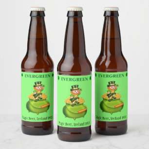 Rótulo Para Garrafa De Cerveja Duende mágico & panela de ouro em verde neo menta
