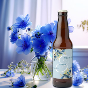 Rótulo Para Garrafa De Cerveja Dusty Blue Dourado Casamento Floral