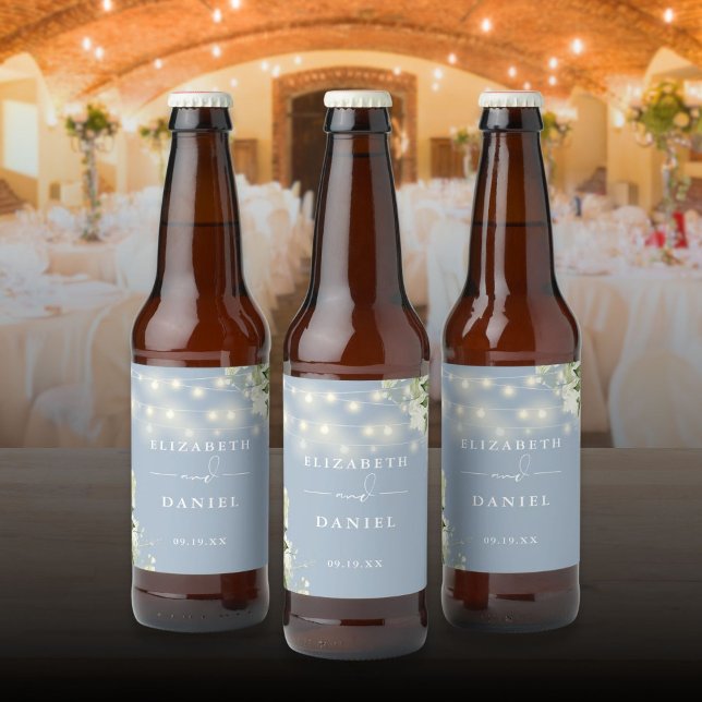 Rótulo Para Garrafa De Cerveja Dusty Blue String Lights Floral Greenery Casamento (Dusty Blue String Lights Floral Greenery Wedding Beer Bottle Label)