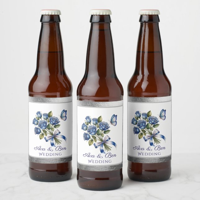Rótulo Para Garrafa De Cerveja Elegant Blue Roses and Butterfly Silver Wedding (Garrafas)