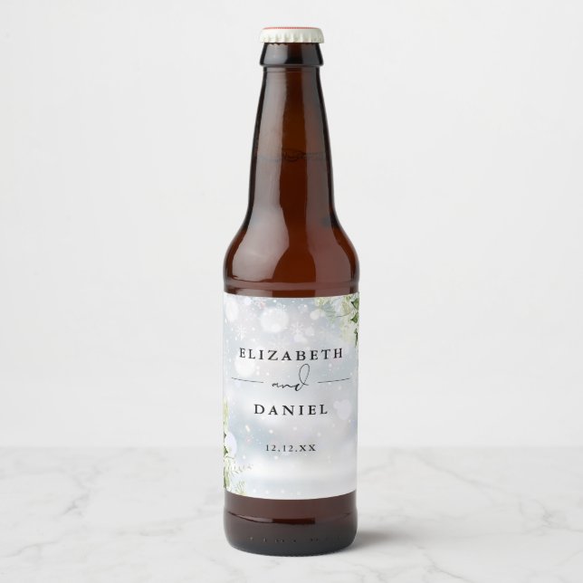 Rótulo Para Garrafa De Cerveja Elegante Casamento no inverno Floral Greenery (Frente)