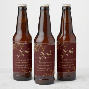 Rótulo Para Garrafa De Cerveja Elegante Dourado no Casamento Auburn Brown Obrigad