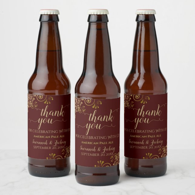 Rótulo Para Garrafa De Cerveja Elegante Dourado no Casamento Auburn Brown Obrigad (Garrafas)