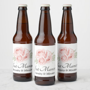Rótulo Para Garrafa De Cerveja Elegante Rosa Floral Recém-Casados Casamento Abelh