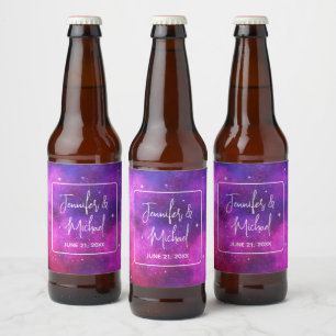 Rótulo Para Garrafa De Cerveja Espaço Rosa e Roxo e Estrelas Forte Casamento Galá