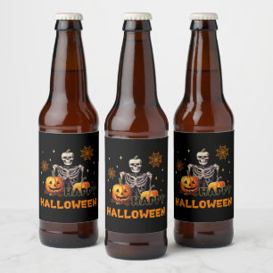 Rótulo Para Garrafa De Cerveja Esqueleto com abóboras