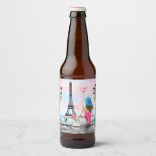 Rótulo Para Garrafa De Cerveja Eu amo Paris - Mulher Bonito e Balão de Coração