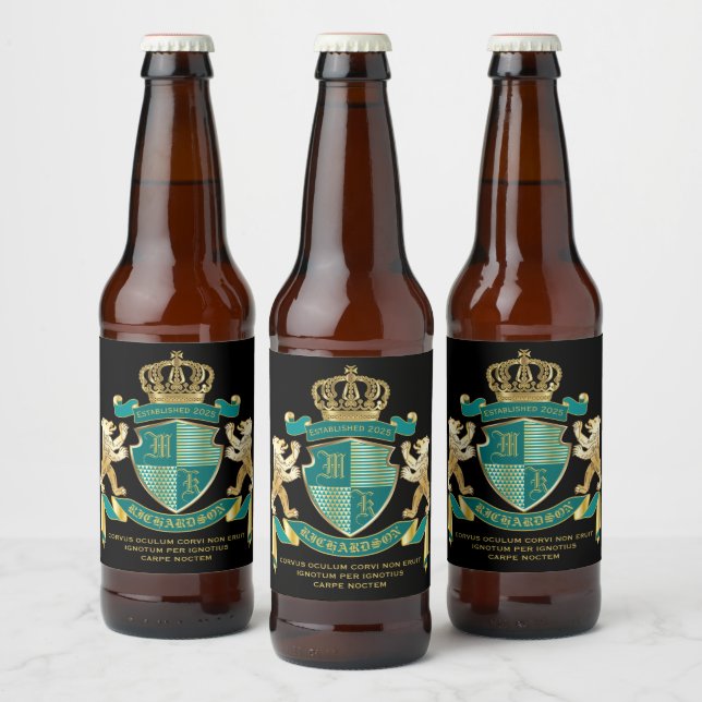 Rótulo Para Garrafa De Cerveja Faça o seu próprio Casaco de armas, Teal Dourado B (Garrafas)