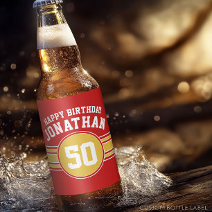 Rótulo Para Garrafa De Cerveja Feliz Aniversário de Esportes com Vermelho Dourad