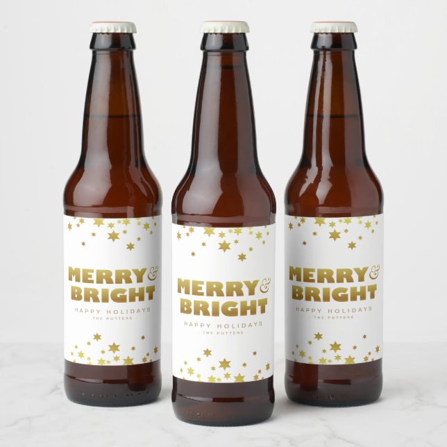 Rótulo Para Garrafa De Cerveja Feliz e Brilho | Natal divertido Branco e Dourado (Garrafas)
