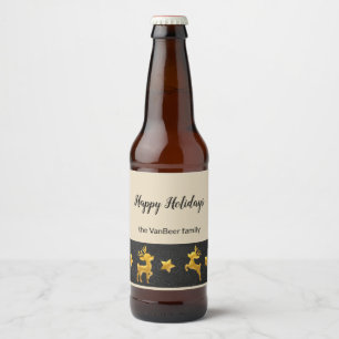 Rótulo Para Garrafa De Cerveja Feliz Feriados, Dourada Reindeer Personalizada