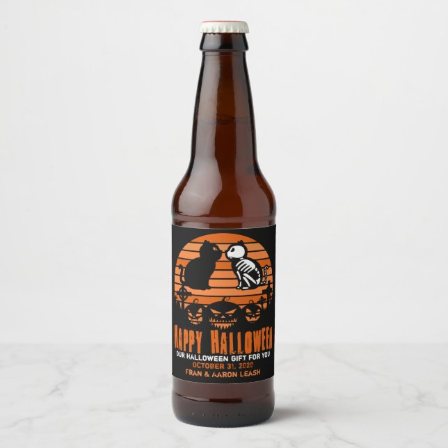 Rótulo Para Garrafa De Cerveja Feliz Halloween Skeleton Cat Retro Sunset (Frente)